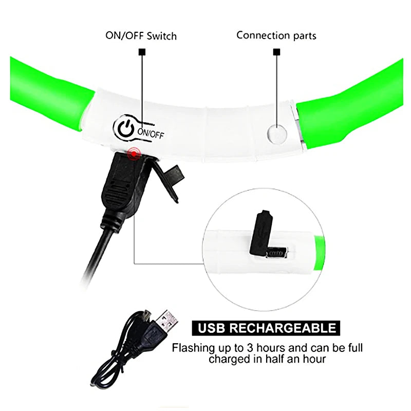 Collar Luminoso Recargable por USB, Collar Ajustable con Luz LED
